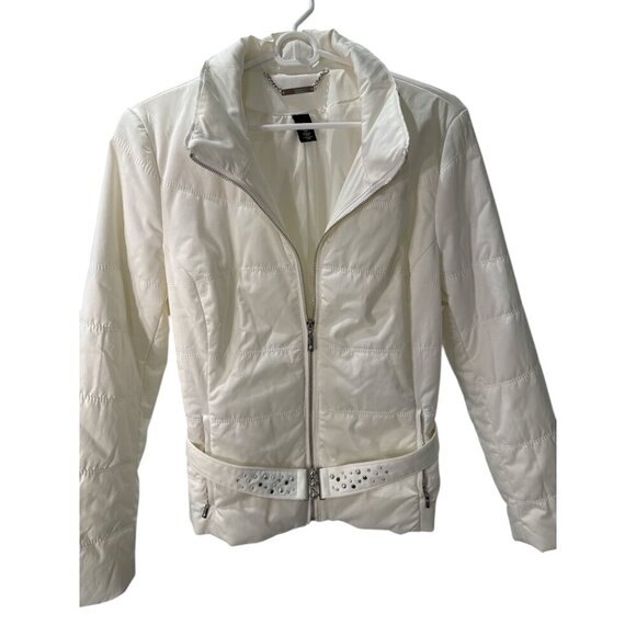 White House Black Market Womens White Quilted Jacket Medium With Rhinestones EUC - Picture 3 of 6